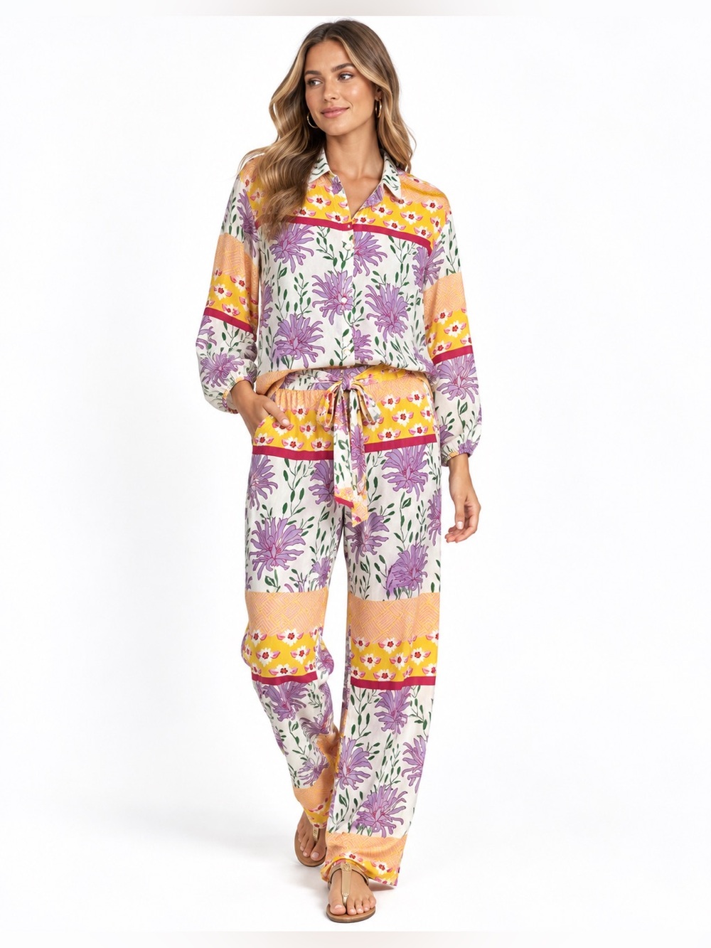 TAJ resort wear Floral Two-Piece set Yellow, Lavender, white size Small